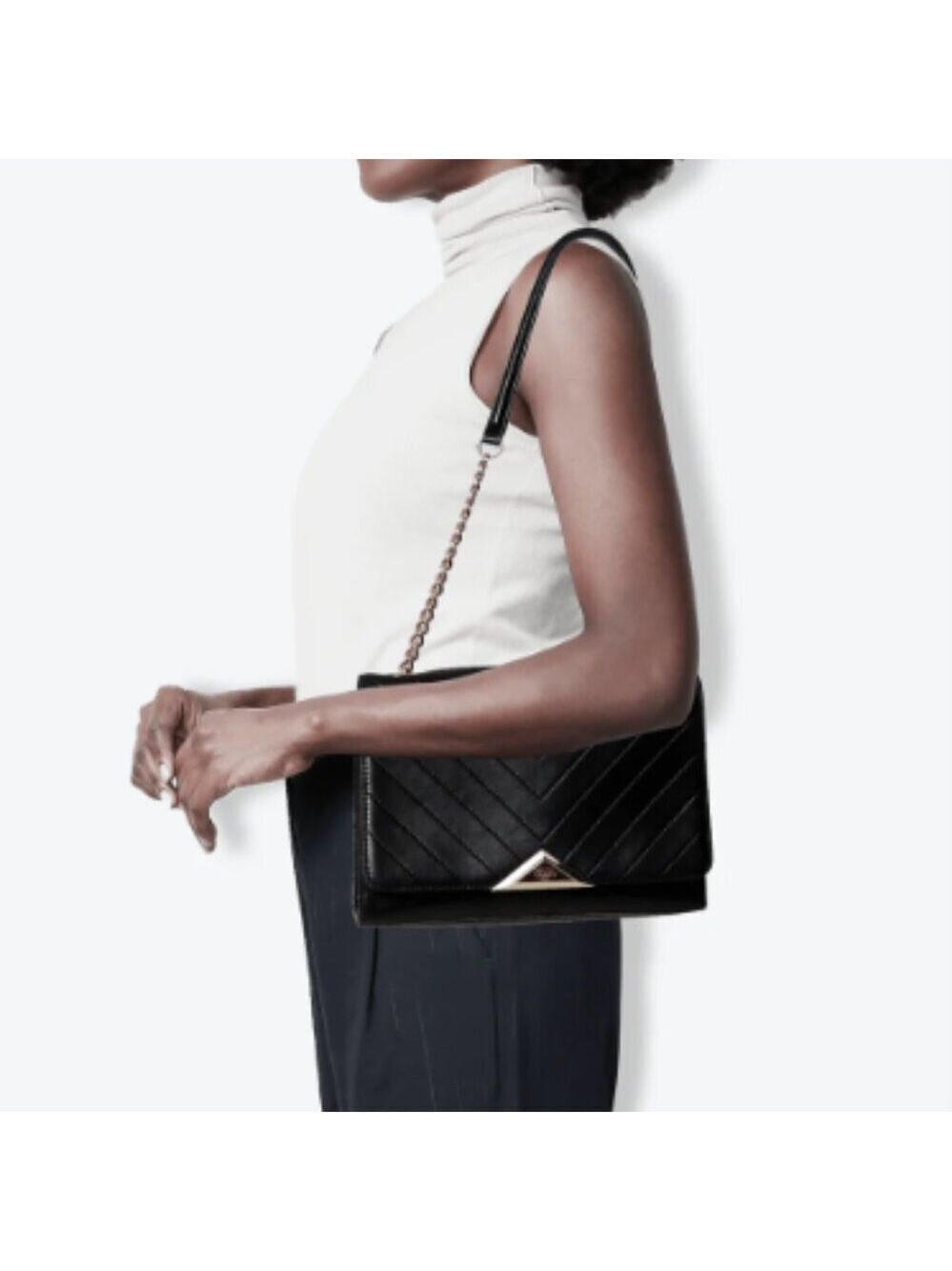 *Karl Lagerfeld Paris Gigi Quilted Chevron Chain Shoulder Bag – Black Leather